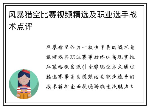 风暴猎空比赛视频精选及职业选手战术点评