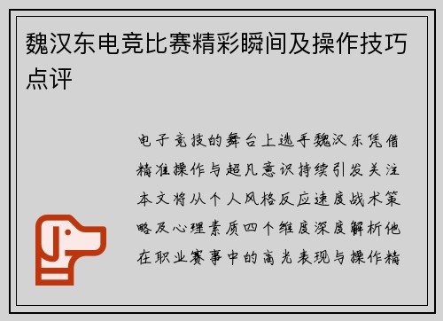 魏汉东电竞比赛精彩瞬间及操作技巧点评