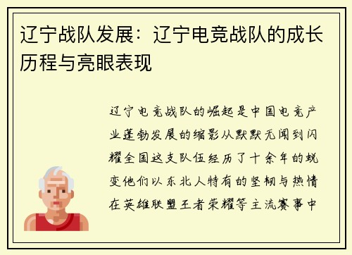 辽宁战队发展：辽宁电竞战队的成长历程与亮眼表现